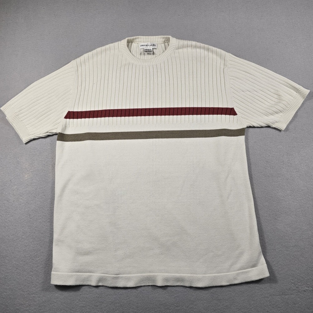 Pierre Cardin Mens M Cream Sweater Short Sleeve Striped Ribbed Knit Crewneck